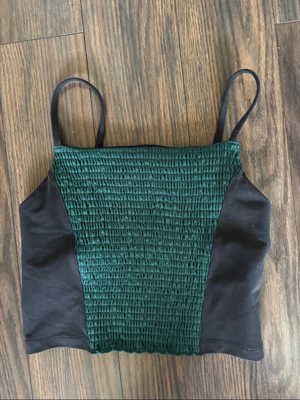Peloton Green Smocked Panel Black Side Crop Camisole